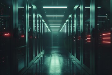 Modern server racks at the heart of a data technology center are illuminated with striking visual...