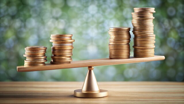 Coin Balance: An image depicting coins balanced on a scale or seesaw, symbolizing financial equilibrium, fairness, or wealth distribution.	
