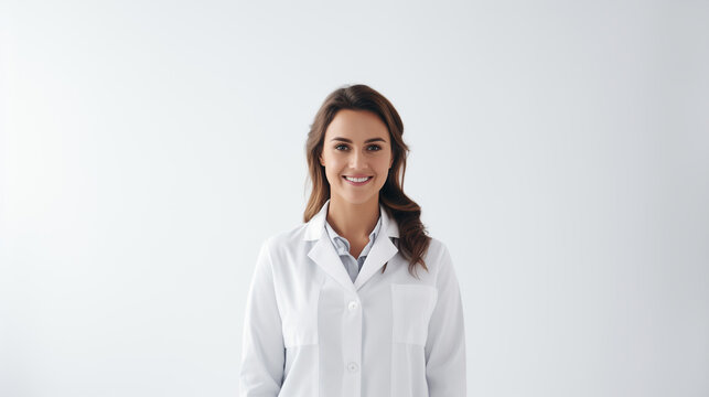 arafed woman in a white lab coat standing in front of a white wall