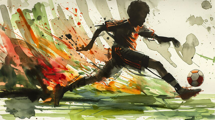 painting of a soccer player kicking a ball with a colorful background