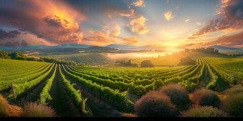 arafed view of a vineyard field with a sunset in the background