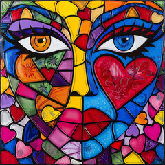 painting of a face with hearts and a cross on it