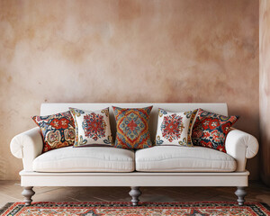 arafed couch with colorful pillows and a rug in a room