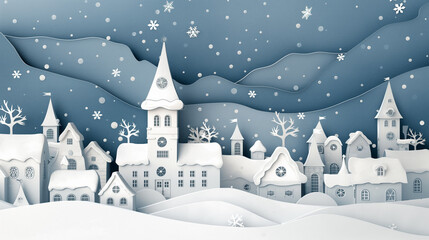 there is a paper cut of a snowy town with a church