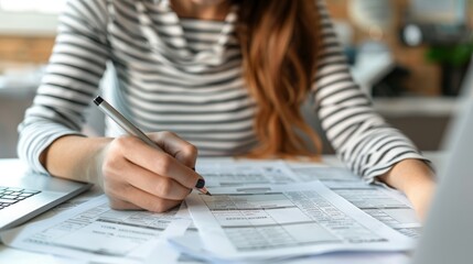 Corporate and individual tax payment concept, woman using computer filling out corporate and personal income tax return, VAT and property tax of business.