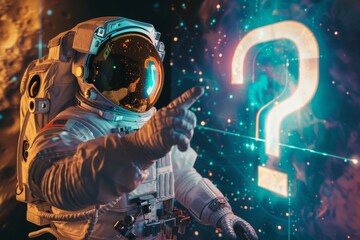 Astronaut interacting with a cosmic question mark, symbolizing the endless curiosity and exploration of the universe.

