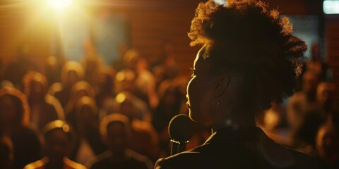 Engaging image of a young woman speaking passionately into a microphone at a lively event, highlighted by a warm, golden backlight and an attentive audience.

