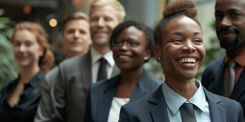 A cheerful, professional group of businesspeople standing together in an office hallway, showcasing diversity, unity, and a collaborative work environment. 