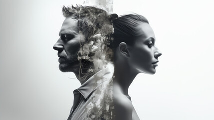 Double exposure of man and woman feeling disappointment side view highlighting emotional tension Scifi tone, Black and white