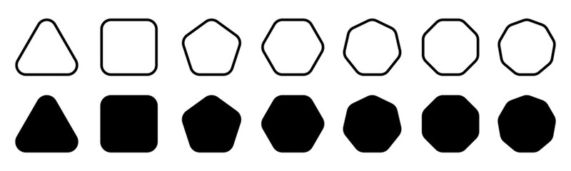 Geometric shapes set with rounded corners, triangle square pentagon hexagon heptagon octagon, slightly rounded version