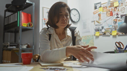 A hispanic woman analyzes evidence at her desk in a cluttered detective office, suggesting a crime...