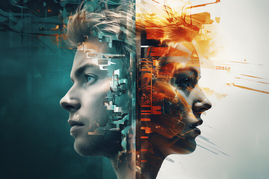 Double exposure of resentful man and woman top view showcasing conflicting emotions Cybernetic tone, Triadic Color Scheme
