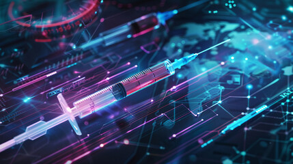 A futuristic hologram displays a syringe with high  tech visual effects creating an advanced and detailed medical illustration