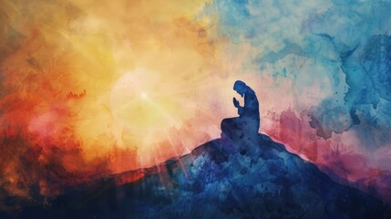 Watercolor silhouette of Jesus Christ praying on the mount, top view, capturing a moment of peace, scifi tone, Triadic color scheme