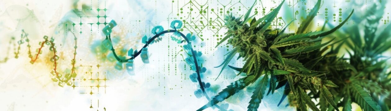Watercolor scene of cannabinoid synthesis process, side view, highlighting biotechnology, digital binary as object, Tetradic color scheme