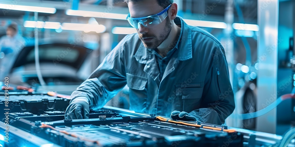 Poster testing car battery module in a lab by an engineer. concept car battery testing, lab environment, en