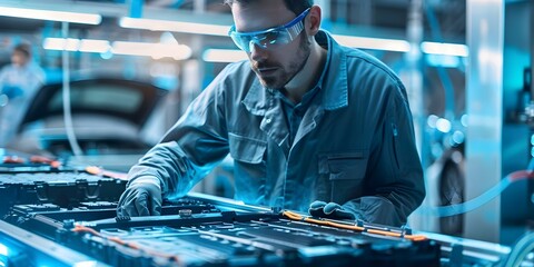 Testing car battery module in a lab by an engineer. Concept Car Battery Testing, Lab Environment, Engineering Analysis, Quality Control, Experimental Research