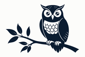 Owl sitting on  a tree branch vector silhouette an white background     