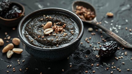 A plate of black rice porridge with boiled dates and peanuts.