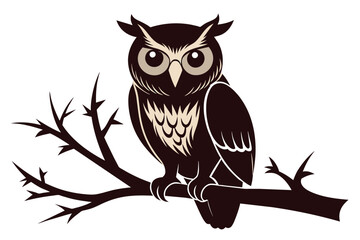 Owl sitting on  a tree branch vector silhouette an white background     