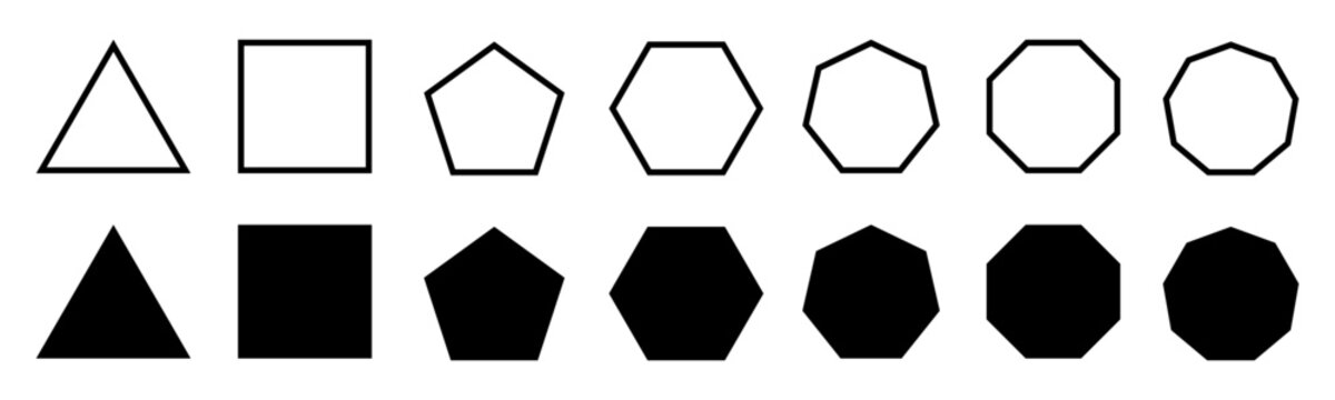 Geometric shapes set with rounded corners, triangle square pentagon hexagon heptagon octagon, sharp version