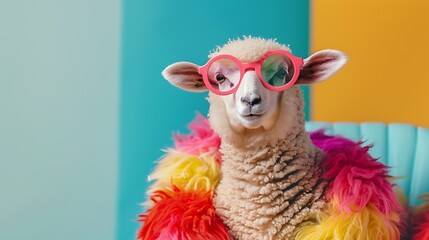 Creative animal concept. Sheep Lamb in glam fashionable couture high end outfits isolated on bright...