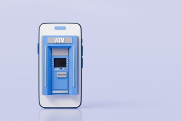 3d ATM Machine with mobile smartphone icon isolated on blue background. Money transfer account online, E-business finance money payment service concept. Minimal 3d ATM money tranfer icon. 3d render.