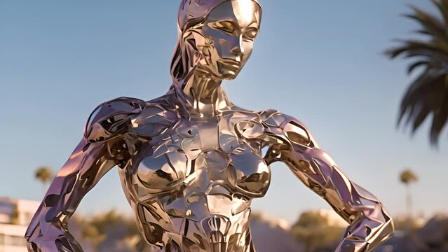 Crome robot woman portrait in the city. Artificial intelligence rise and shiny. Mechanical beauty