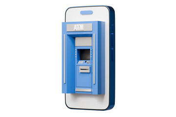 3d ATM Machine with mobile smartphone icon isolated on blue background. Money transfer account online, E-business finance money payment service concept. Minimal 3d ATM money tranfer icon. 3d render.