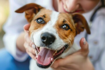 Closeup of a joyful jack russell terrier smiling as being embraced by its owner