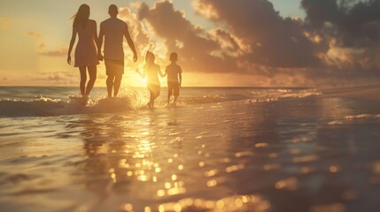 Fototapeta premium Happy family walking the beach. Rear view of young parents with children having fun on vacation. Little boy and girl enjoying summer with mother and father