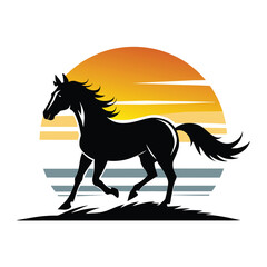 A horse galloping on a beach while a sunset is on the sky vector silhouette on white background