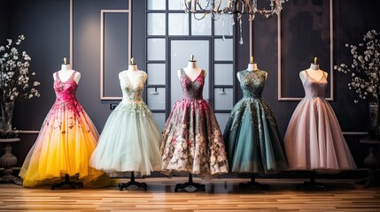 Designers Dresses in Display, fashion shop window.