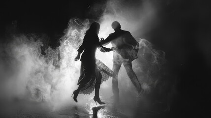 Fototapeta premium A couple dancing in the rain with a foggy atmosphere