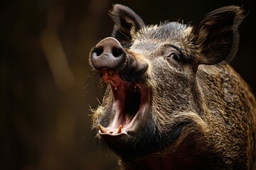 Detailed portrait of a wild boar with open mouth, showcasing its teeth, against a dark background