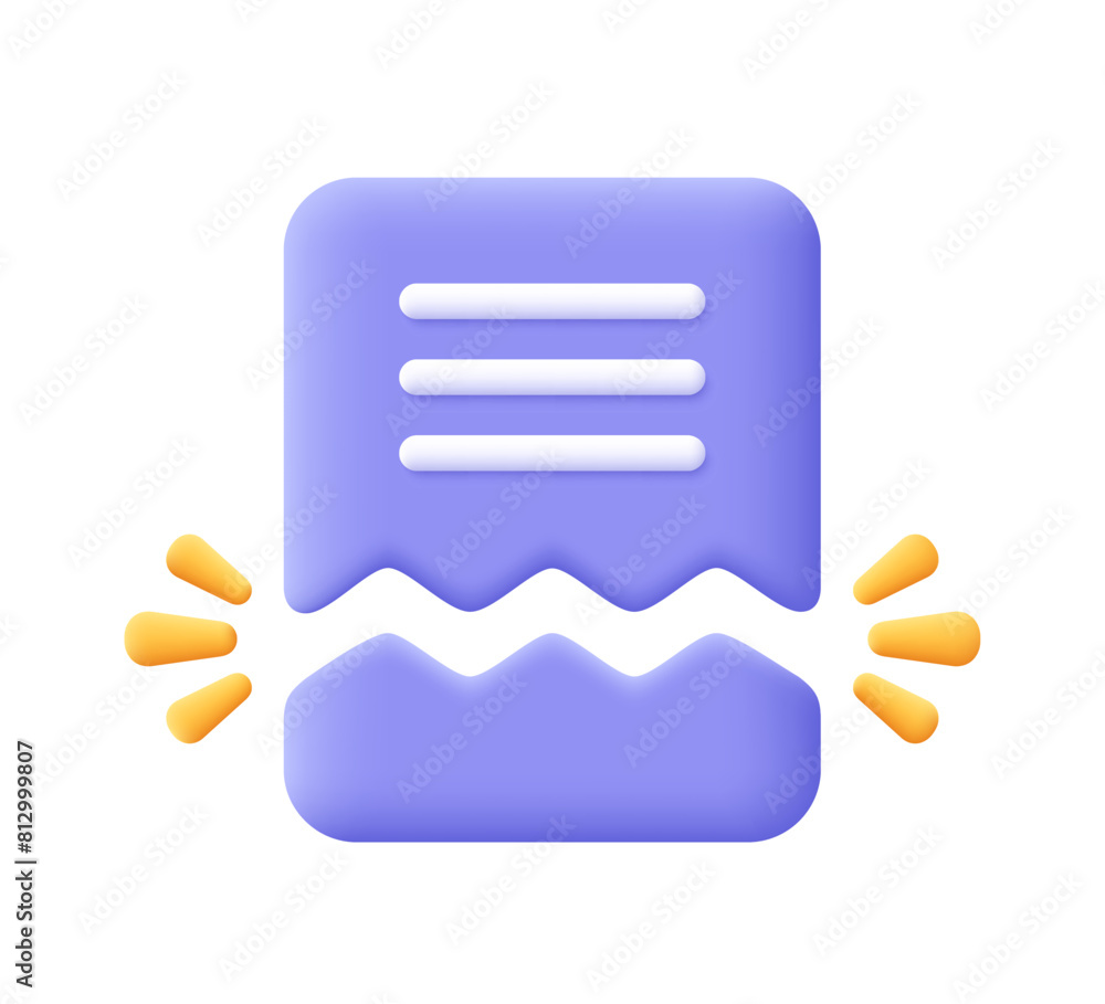 Fototapete Torn document file or ripped paper sheet. Broken report, file error. 3d vector icon. Cartoon minimal style.
