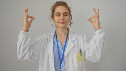 A serene caucasian woman in a lab coat meditates against a white background, symbolizing peace in...