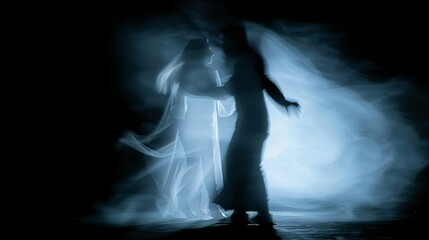 A woman and a man are dancing in the dark