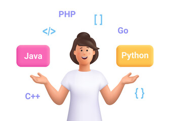Smiling woman programmer or IT specialist choose programming language, scripts. Software development, programming and coding. 3d vector people character illustration. Cartoon minimal style.