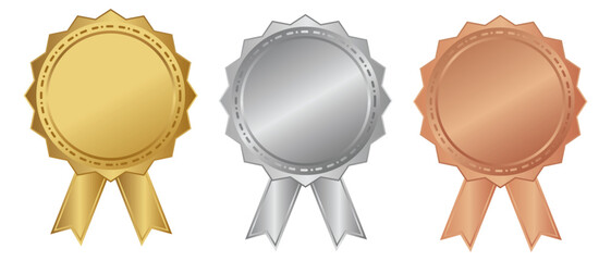 Badge, Award and medal design. Badge icon design. Best seller badge vector icon. Award, medal and Exclusive membership Badge design. Golden, silver, bronze medal with ribbon. Vector illustration. 