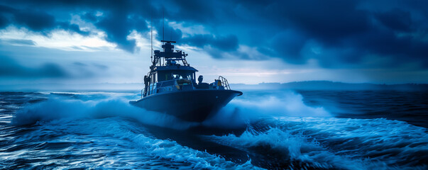 Speedboat navigating through choppy ocean waters at dusk.