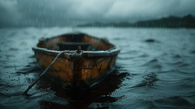 Old boat in the rain on a gloomy lake
