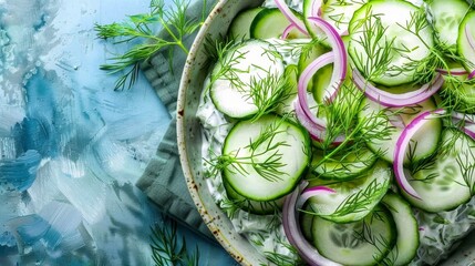 Creamy cucumber and dill salad with chopped red onion on a bright background.