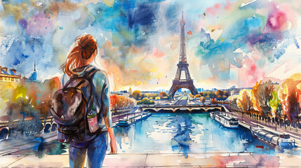 Beautiful watercolor painting of Back view of female tourist backpacker looking at Eiffel tower in Paris, France..