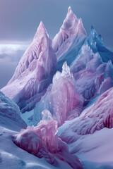 Ethereal pink and blue icy mountain landscape.