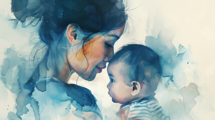 Portrait of mother and her baby. Concept of love between mom and her child. Minimal watercolor painting illustration.