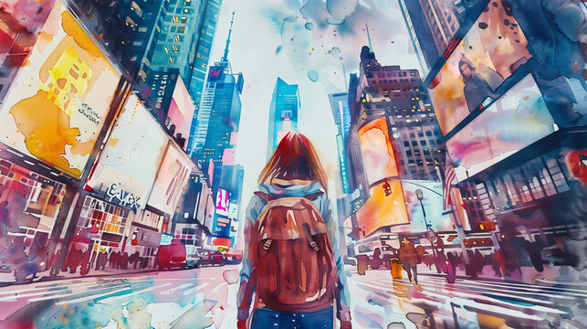 Beautiful watercolor painting of Back view of female tourist backpacker looking at Times square in New York, USA.