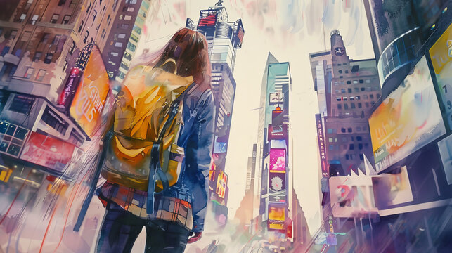 Beautiful watercolor painting of Back view of female tourist backpacker looking at Times square in New York, USA. Digital illustration generative AI.