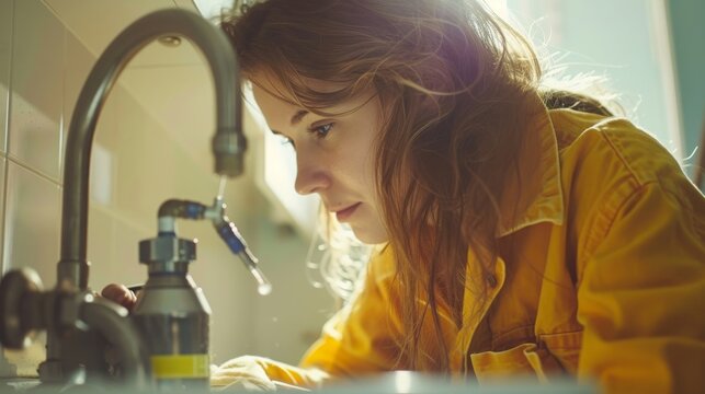 Handyman woman repairs drain pipe with siphon on wash basin or sink