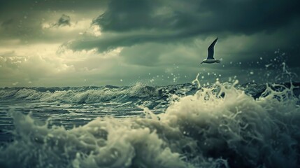 A seagull is flying over a tumultuous ocean. The sea is rough with dark, foamy waves that dominate the foreground. The sky is overcast with dark storm clouds gathering overhead. Drops of water are sus - Powered by Adobe